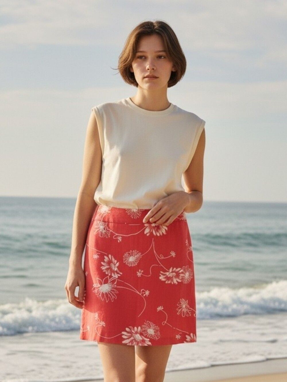 Rafaella Pink And White  A-Line Skirt with White Floral Design  EUC